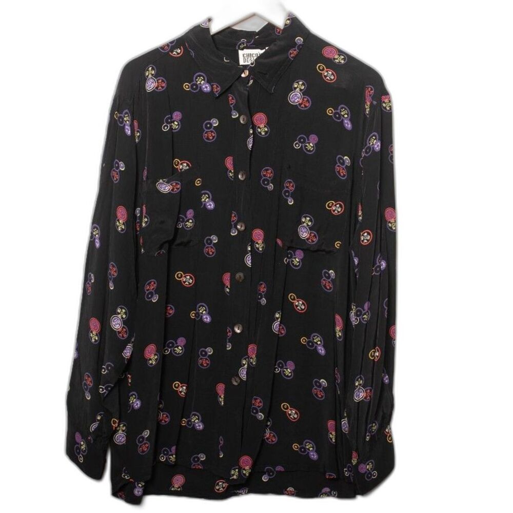 Vintage Chicos Design size 3 Asian inspired black and purple blouse mother pearl